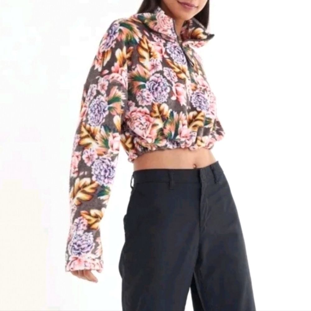 Urban Outfitters Angela Fleece Floral 1/2 Zip Crop Top S - Picture 1 of 4